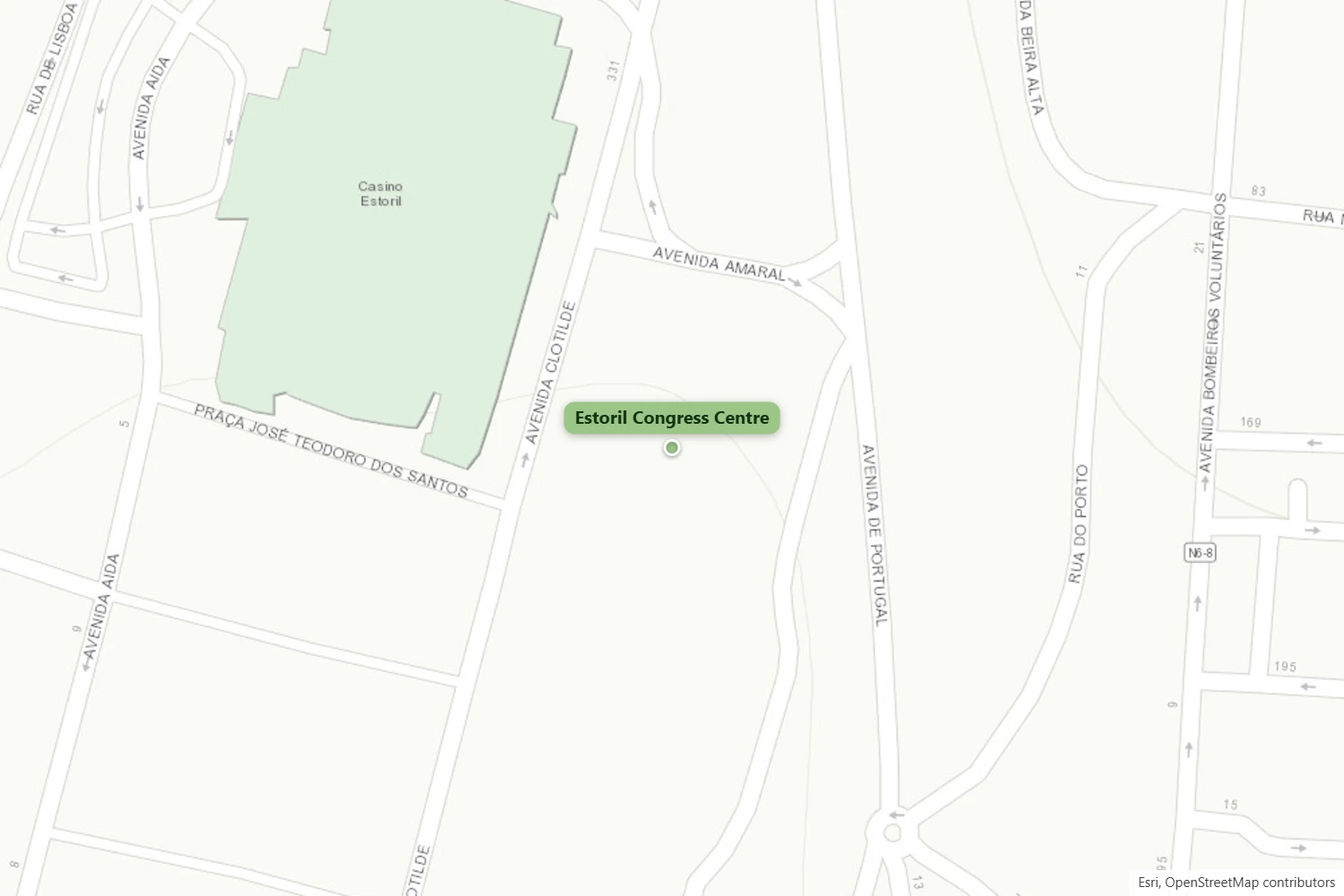 Map of Estoril showing the location of the Estoril Congress Centre, near Estoril railway station and the Marginal